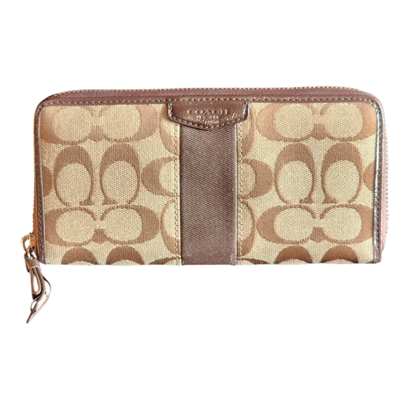Coach Signature Zip Around Accordian Wallet Brown Monogram Canvas Leather Trim - Picture 1 of 11